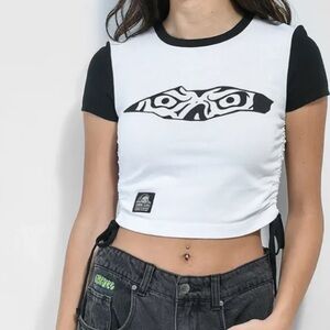 Lurking Class Small Black White Ruched Crop Top T Shirt